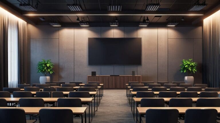 Sala de conferencias moderna con pantalla grande y ambiente tecnológico