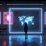 Aula moderna con pantallas interactivas y hologramas educativos en un entorno urbano