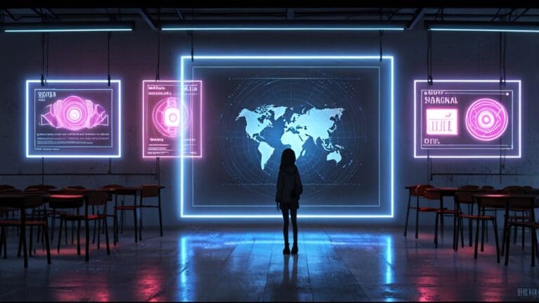 Aula moderna con pantallas interactivas y hologramas educativos en un entorno urbano