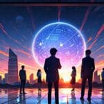 Moderno centro de investigación tecnológica con entorno futurista al atardecer