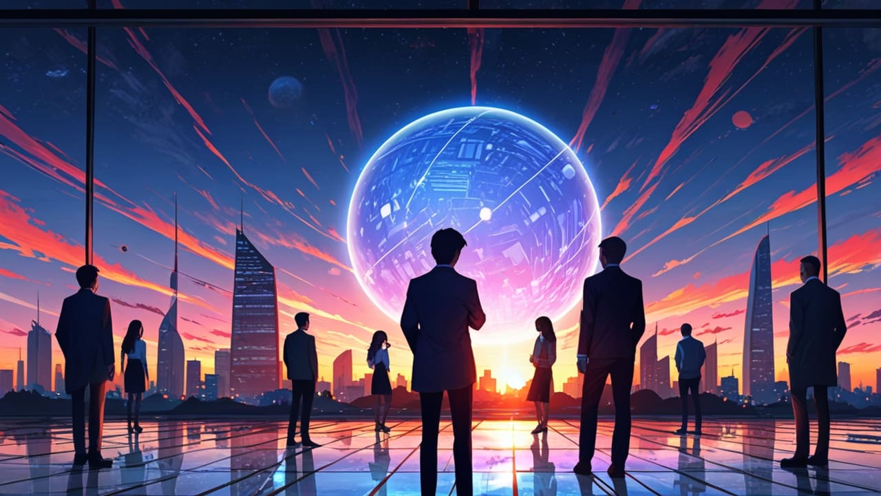 Moderno centro de investigación tecnológica con entorno futurista al atardecer