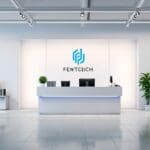 Oficina moderna de empresa fintech con decoraciones minimalistas y dispositivos tecnológicos.