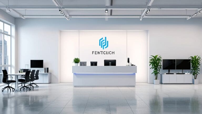 Oficina moderna de empresa fintech con decoraciones minimalistas y dispositivos tecnológicos.