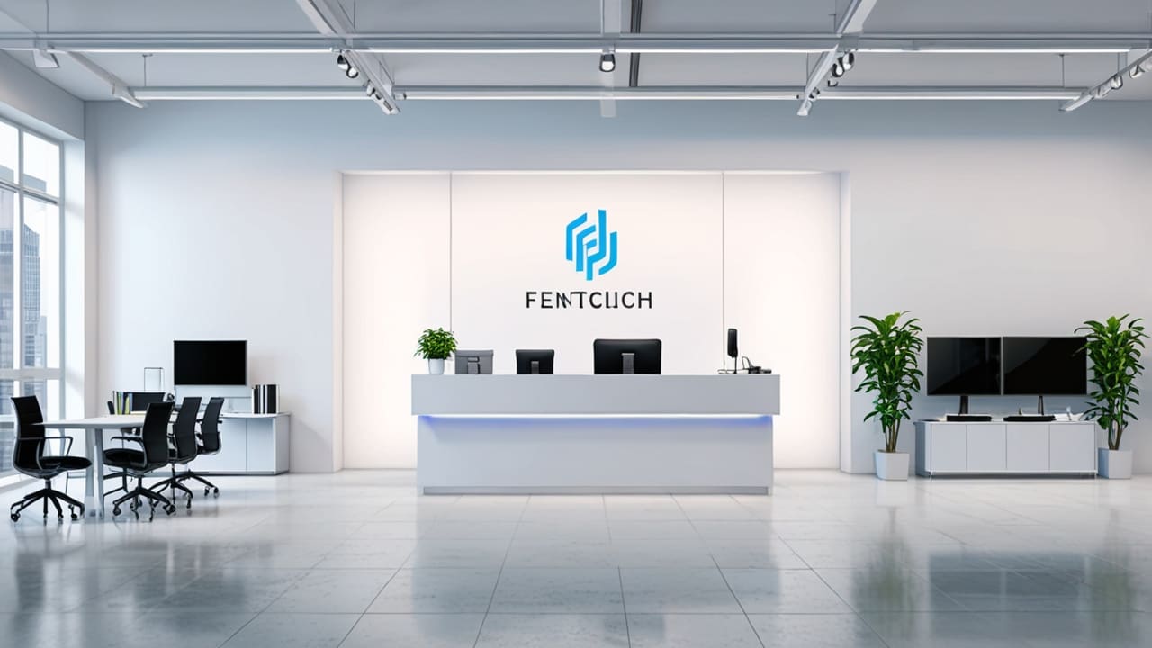 Oficina moderna de empresa fintech con decoraciones minimalistas y dispositivos tecnológicos.