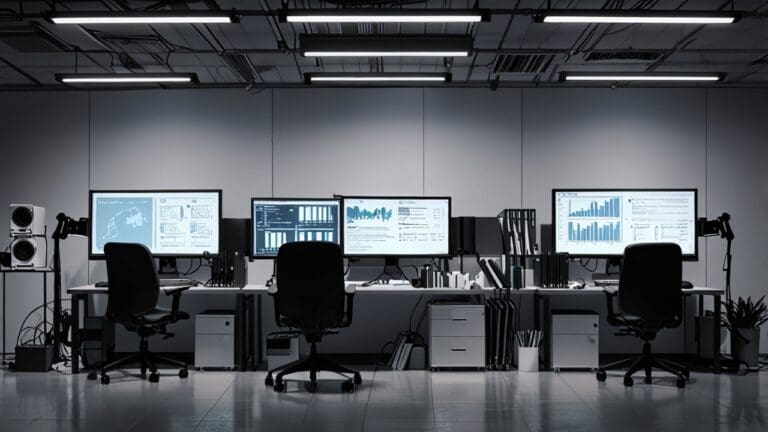 Oficina moderna con equipos tecnológicos y pantallas de datos en funcionamiento