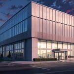 Exterior moderno de un edificio empresarial con diseño vanguardista al amanecer