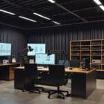 Interior de un moderno estudio de radio con equipos tecnológicos y micrófonos.