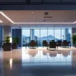 Oficinas modernas con tecnología avanzada en Santiago de Chile, ordenadores y servidores iluminados.