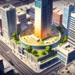 Ilustración de una moderna ciudad argentina resaltando edificios tecnológicos y startups.