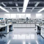 Interior de un moderno laboratorio de tecnología con equipos avanzados sobre mesas de trabajo