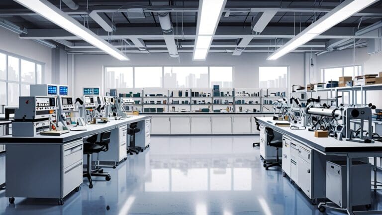 Interior de un moderno laboratorio de tecnología con equipos avanzados sobre mesas de trabajo