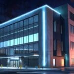 Edificio moderno con equipos de minería y fuentes de luz tecnológicas.