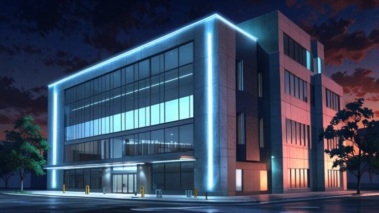 Edificio moderno con equipos de minería y fuentes de luz tecnológicas.