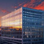 Moderno edificio de oficinas representando una startup tecnológica innovadora al atardecer