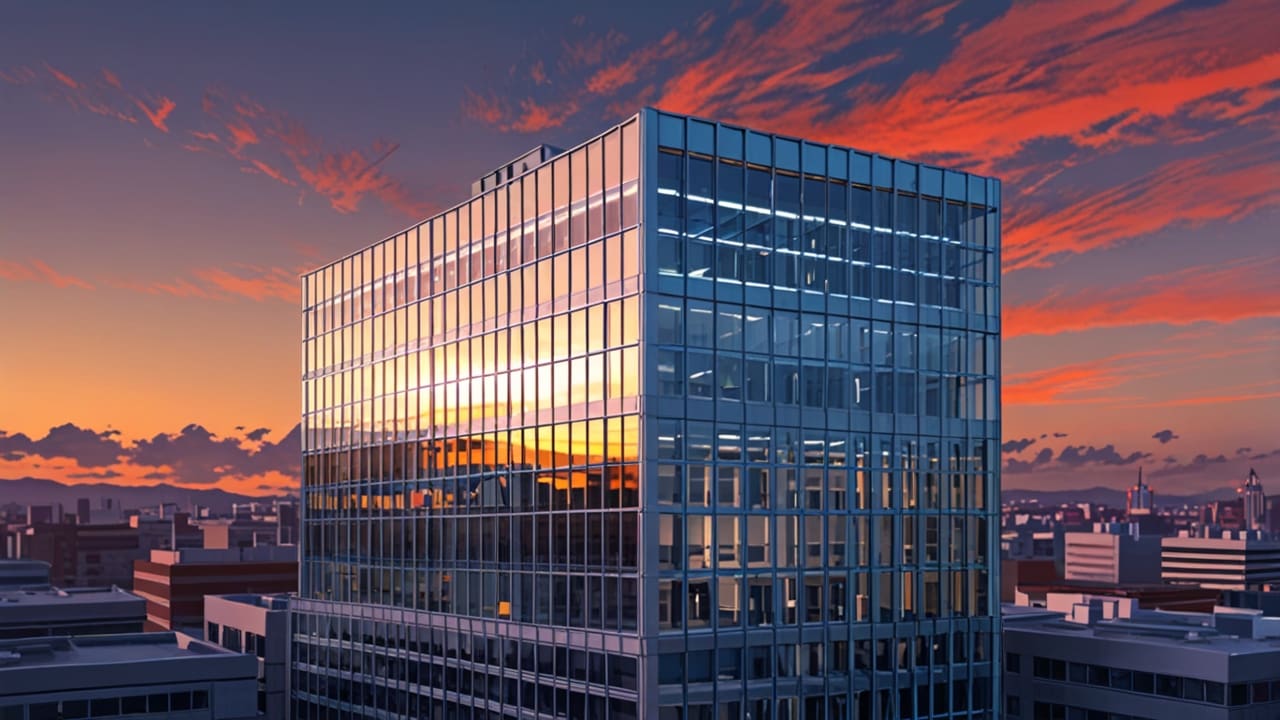 Moderno edificio de oficinas representando una startup tecnológica innovadora al atardecer