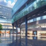 Ilustración digital de un centro tecnológico moderno en una ciudad europea.