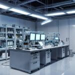 Interior de un moderno laboratorio de computación cuántica con equipos avanzados y luces azules