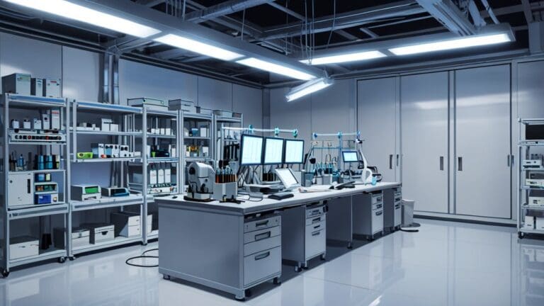 Interior de un moderno laboratorio de computación cuántica con equipos avanzados y luces azules