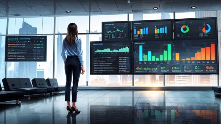 Oficina moderna con pantallas digitales y gráficos de inversión