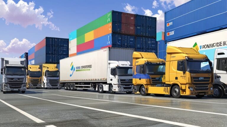 Moderno centro logístico con camiones y contenedores en actividad durante el día.