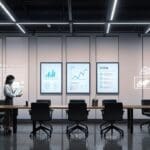 Oficina moderna con equipos tecnológicos y gráficos financieros en pantallas