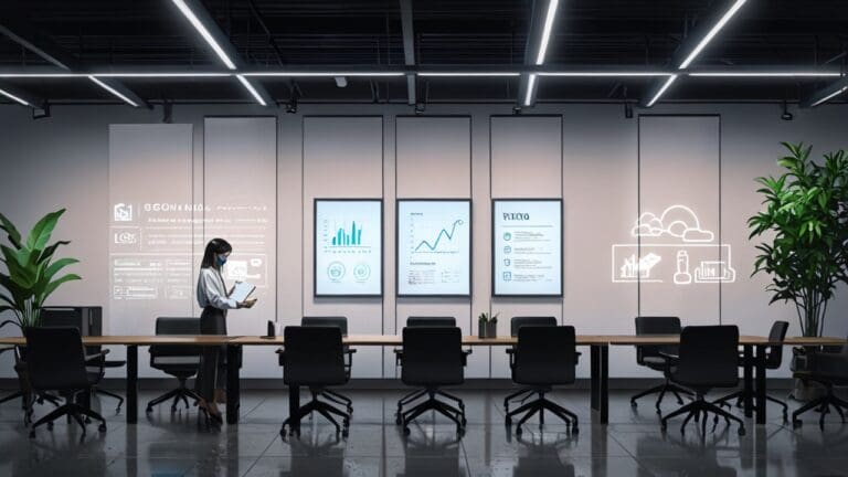 Oficina moderna con equipos tecnológicos y gráficos financieros en pantallas