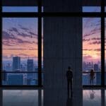 Vista panorámica de una ciudad con un enfoque en modernos edificios tecnológicos al amanecer