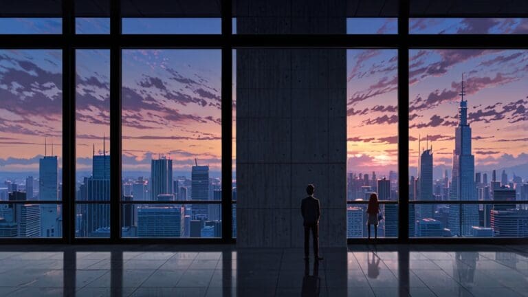 Vista panorámica de una ciudad con un enfoque en modernos edificios tecnológicos al amanecer