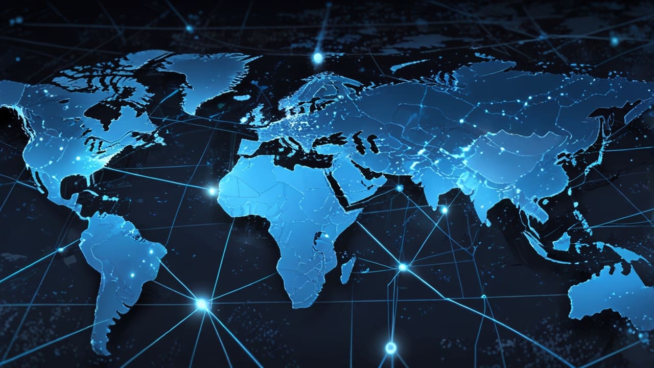 Imagen abstracta de un mapa mundial digital con conexiones virtuales brillantes