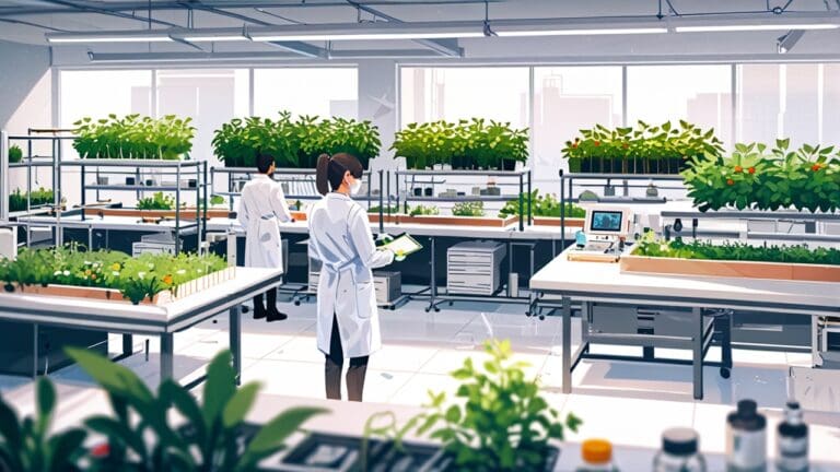 Cercano plano de laboratorio biotecnológico con plantas y equipo moderno