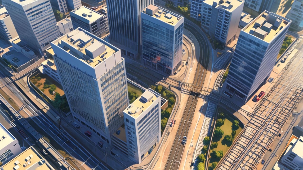 Vista aérea de un centro empresarial moderno con edificios tecnológicos y trenes en movimiento.