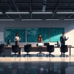 Oficinas modernas con emprendedores colaborando y tecnología presente