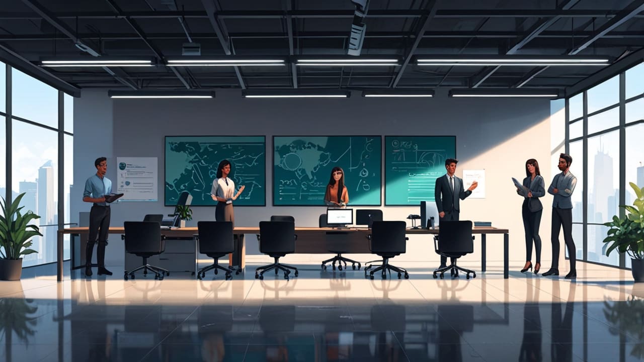 Oficinas modernas con emprendedores colaborando y tecnología presente