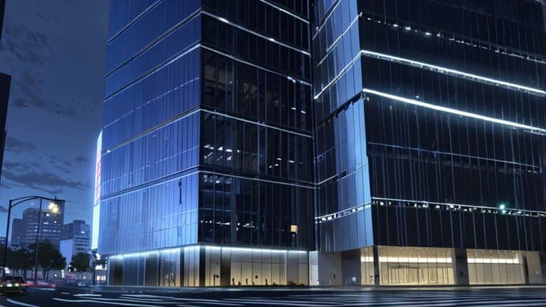 Edificios modernos en un centro financiero con luces tecnológicas en el ocaso