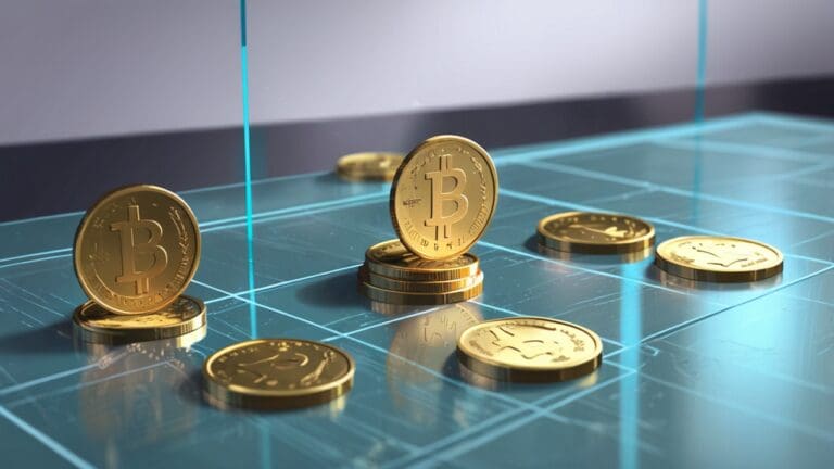 Monedas digitales doradas sobre mesa de cristal con gráficos de inversión en segundo plano