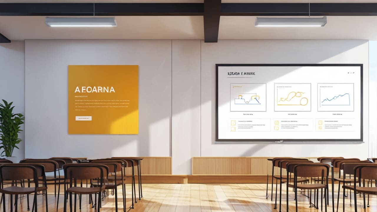 Sala de juntas moderna con gráficos digitales y dispositivos de IA en uso