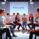 Representantes de startups tecnológicas discutiendo en una conferencia moderna en una feria de tecnología.