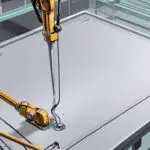 Primer plano de un implante craneal sobre una mesa de laboratorio moderno con fondo neutro.