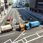 Zona urbana con camiones de carga y equipos de alta tecnología en una calle moderna