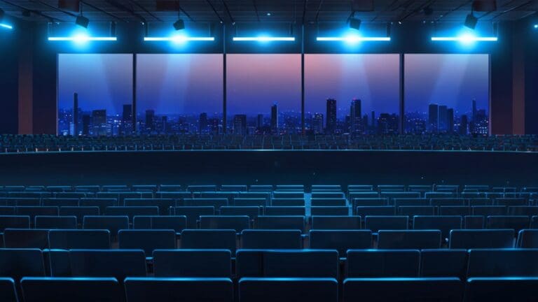 Vista de un moderno centro de conferencias al anochecer, iluminado con luces azules.