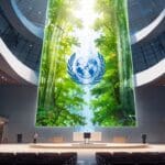 Un moderno centro tecnológico europeo rodeado de naturaleza exuberante