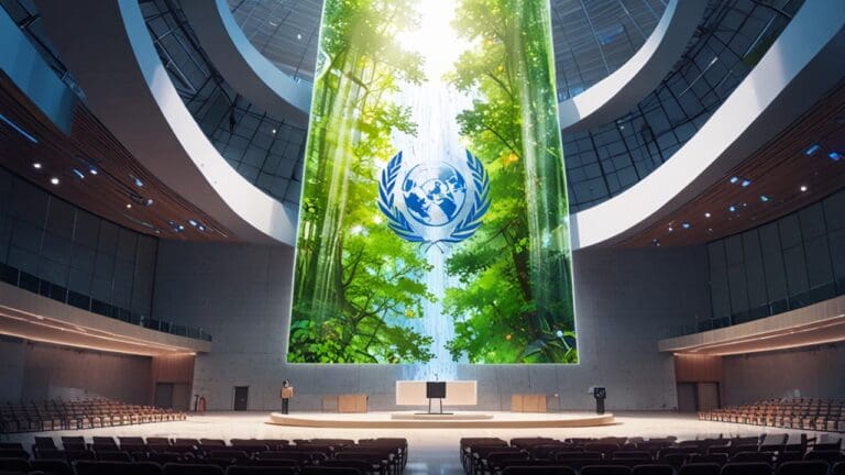 Un moderno centro tecnológico europeo rodeado de naturaleza exuberante