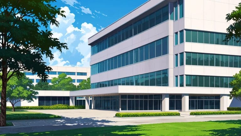 Vista moderna de un edificio tecnológico en un parque empresarial