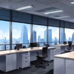 Interior moderno de oficina con tecnología de punta y ventanas panorámicas