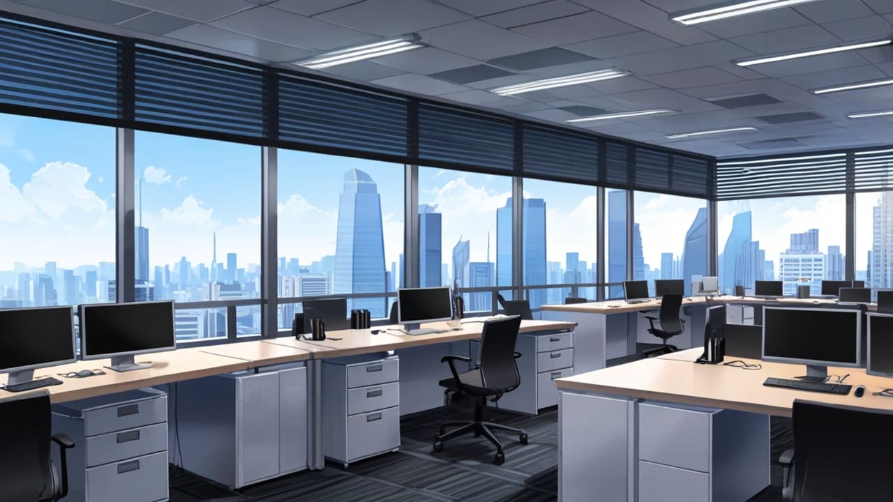 Interior moderno de oficina con tecnología de punta y ventanas panorámicas