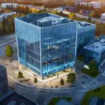 Vista aérea de un moderno centro de negocios en Estonia con edificios tecnológicos iluminados