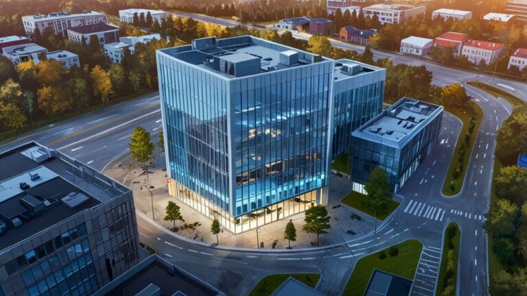 Vista aérea de un moderno centro de negocios en Estonia con edificios tecnológicos iluminados