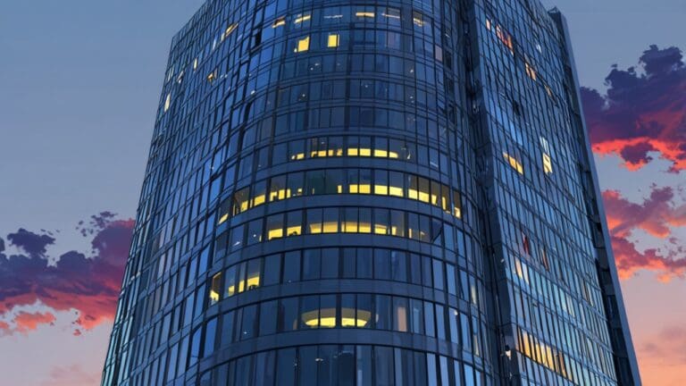 Edificio moderno con luces brillando al anochecer, simbolizando innovación y tecnología.