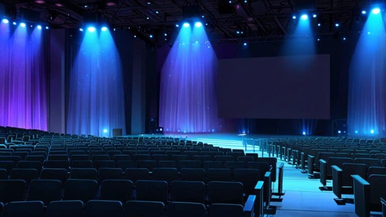Moderno auditorio con iluminación azul y púrpura, escenario principal con pantallas LED mostrando gráficos financieros avanzados