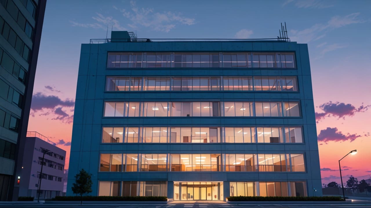 Edificio moderno con diseño tecnológico al amanecer, símbolo de innovación y tecnología emergente